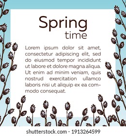 Square spring sample with willow branches on a sky blue background. Easter template frame for text inside.