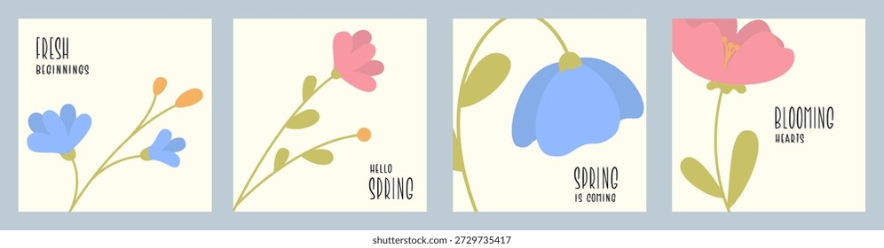 Plantillas cuadradas de primavera en estilo minimalista. Fondos de Vector con decoración floral.