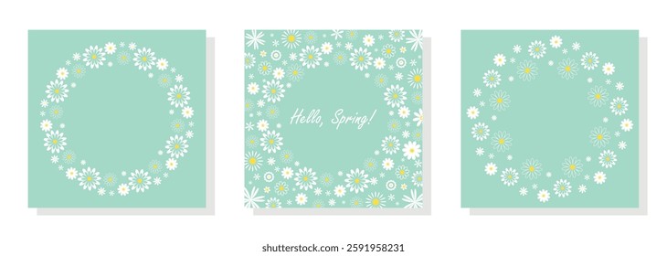 Square spring themed cards set. Collection of cute cozy green templates with white flowers. Floral cozy backgrounds for flyers, leaflets, cards, banners and other design. Vector graphics