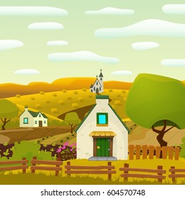 Square spring village landscape, vector cartoon illustration