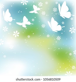 Square springtime vector background illustration with flowers and butterflies.