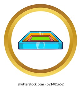 Square stadium vector icon in golden circle, cartoon style isolated on white background