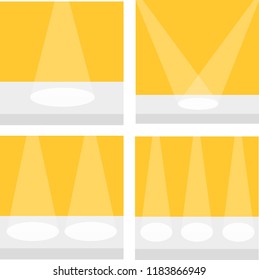 Square stage podium illuminated by spotlights. Big set. Empty pedestal for display. 3d realistic step platform for design. Isolated. Yellow background. Template. Flat design. Vector illustration