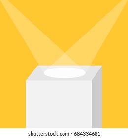 Square stage podium illuminated by spotlights. Empty pedestal for display. 3d realistic platform for design. Isolated. Yellow background. Template. Flat design. Vector illustration