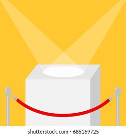 Square stage podium illuminated by spotlights. Empty pedestal display. 3d realistic platform for design. Red rope barrier stanchions turnstile Yellow background  Flat Vector