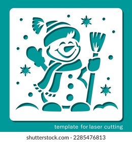 Square stencil with a cheerful snowman. Cute smiling winter character with a broom in the snow.  Template for plotter laser cutting of paper, wood carving, metal engraving, cnc. Vector illustration.