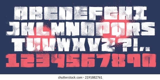 Square Stencil font with spray paint texture and mis-printed overspray. Highly detailed vector textures taken from high res scans. Compound path and optimised. Original design font