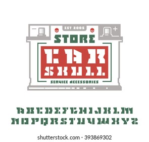Square stencil-plate serif font and car service emblem. Graphic design for t-shirt. Color print on white background