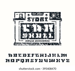 Square stencil-plate serif font and car service emblem. Graphic design for t-shirt. Black print on white background