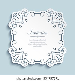 Square sticker, cutout paper frame with flourish decoration, vintage vector greeting card or wedding invitation template, eps10