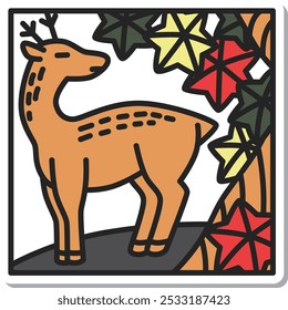 Square sticker Hanafuda icon Kannazuki autumn leaves deer October autumn leaves deer