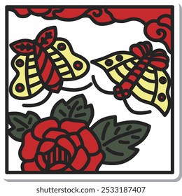Square sticker Hanafuda icon Minazuki Peony Butterfly June Peony and Butterfly