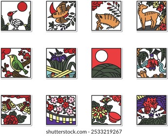 Conjunto de iconos de Hanafuda de pegatina cuadrada (sin fondo)