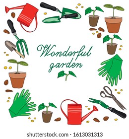 Square sticker with the image of garden equipment: pots, seeds, watering can, scoops, shovels, rake. Everything to create a beautiful garden. Vector drawing.