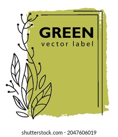 Square sticker or product package label or banner. Green and ecology, environmentally friendly and organic. Emblem or logotype with foliage and decorative plant branches. Vector in flat style