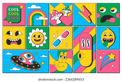 Square stickers with trendy characters and retro surreal elements. Psychedelic cartoon groovy set of comic faces and hippy symbols in contemporary design. Vector illustration of flower, ufo, rainbow.