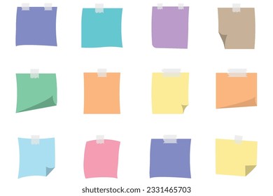 Square sticky paper note reminders. Office memo label stationery.