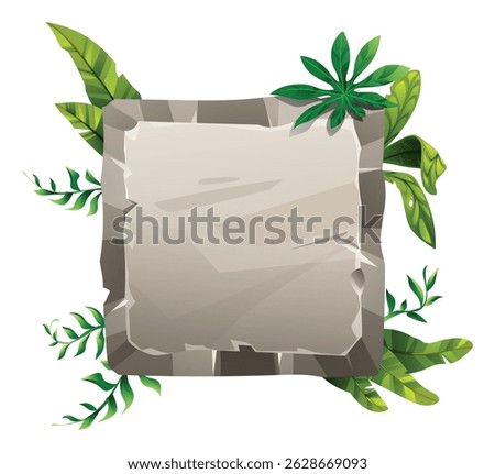 Square stone sign with cracked edges and tropical foliage decoration. Vector cartoon illustration