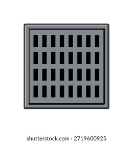 Ilustración cuadrada de la rejilla del drenaje de tormenta que muestra la rejilla del metal que captura el agua de lluvia de las calles para asegurar el drenaje urbano y para prevenir inundaciones, diseño del Vector, aislado en el fondo blanco