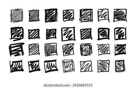 Square strikethroughs and doodles. Collection of twenty-eight randomly drawn squiggles and doodles. Vector set of handwritten symbols and signs