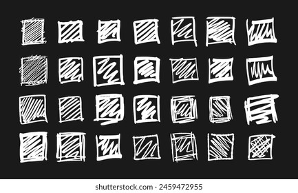 Square strikethroughs and doodles. Collection of twenty-eight randomly drawn white squiggles and doodles on a black background. Vector set of handwritten symbols and signs