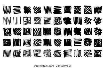 Square strikethroughs and scribbles. Collection of fifty randomly drawn squiggles and doodles. Vector set of handwritten symbols and signs