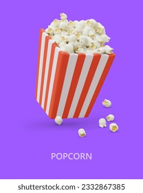 Square striped bucket filled with popcorn. Realistic image on purple background. Classic snack for cinema. Fast food with different tastes. Flyer template, social media ad