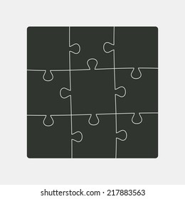 Square structure nine pieces of puzzles. Black color.  Vector illustration, eps 8.