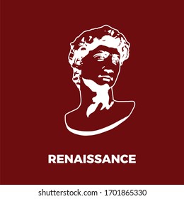 A square study representing the renaissance trend. There is a sculpture symbol representing the renaissance art movement on a red background.