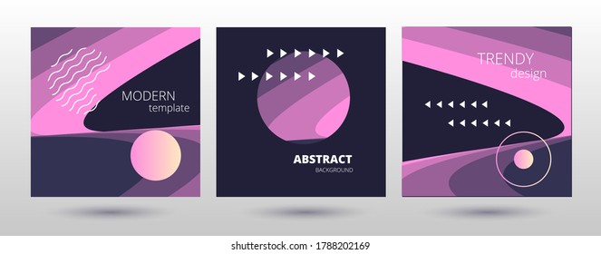 square stylish template set with wavy pink lines and geometric shapes