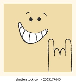 Square stylized laughing face showing the rock sign.	