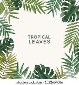Square summer backdrop or background with frame or border made of green tropical foliage or exotic leaves of rainforest and jungle plants and place for text. Natural realistic vector illustration.