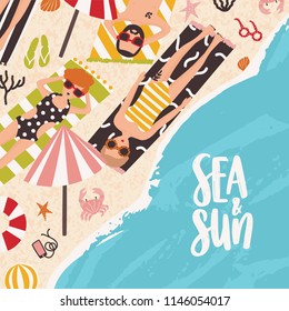 Square summer background with people lying on sandy beach, sunbathing near ocean and Sea And Sun inscription handwritten with calligraphic font. Flat cartoon seasonal vector illustration
