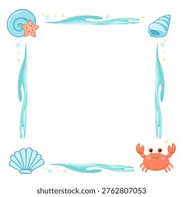 Square summer beach frame with cute crab, seashells and blue ocean waves in kawaii style with central copy space.