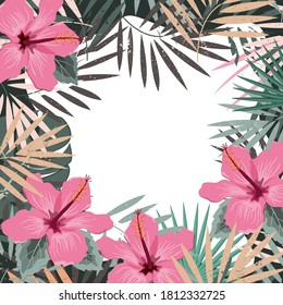 Square summer border with tropical palm leaves and hibiscus flowers. Tropic frame background. Vector illustration for cards, web page backgrounds, prints.