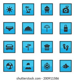 square Summer button and icon set with light sweep blue style