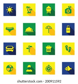 square Summer button and icon set with Brazil color shadow style