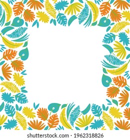 square summer frame with bright rainbow tropical leaves