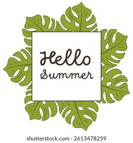 Square summer frame with tropical leaves and hello text