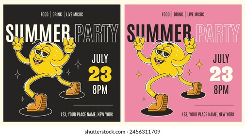 Square summer party flyer layout. Retro vector illustration in trendy groovy style.
