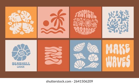 Square summer posters, tropical hand drawn tropical elements. Vector retro shapes