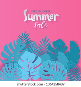 Square Summer sale banner design with paper cut tropical palm leaves background with hand drawn lettering qoute. Vector illustration. Exotic Hawaiian Monstera jungle floral background. Special offer.