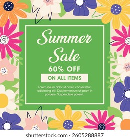 Square summer sale poster with colorful summer flowers on light background. Advertising poster with floral elements. Vector square template for poster, card, social media, poster, mobile apps, web.