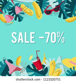 Square summer sale vector banner for promotion with beach elements in cartoon style. Summer composition with flat elements: swimming suit, sunglasses, leaves of monstera, banana and shoes. 
