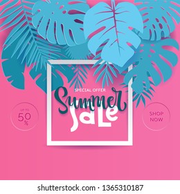 Square Summer Tropical palm monstera leaves in trandy paper cut style. White frame 3d letters SUMMER SALE hiding in exotic blue leaves on pink background for advertising. Vector card illustration.