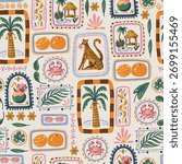 Square summer vector seamless pattern tropical animals palm leaves fruit crab hut beach