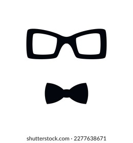 Square sunglasses with black bow tie flat vector drawing illustration. Hand drawn glasses frame silhouette icon. Minimal design, print, banner, card, poster, brochure, logo.