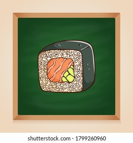 square sushi with raw meat and rice on chalkboard backgrond