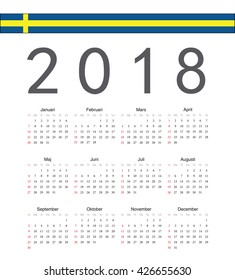 Square Swedish 2018 year vector calendar. Week starts from Sunday.