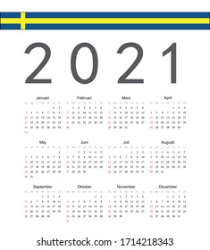 Square Swedish 2021 year vector calendar. Week starts from Sunday.